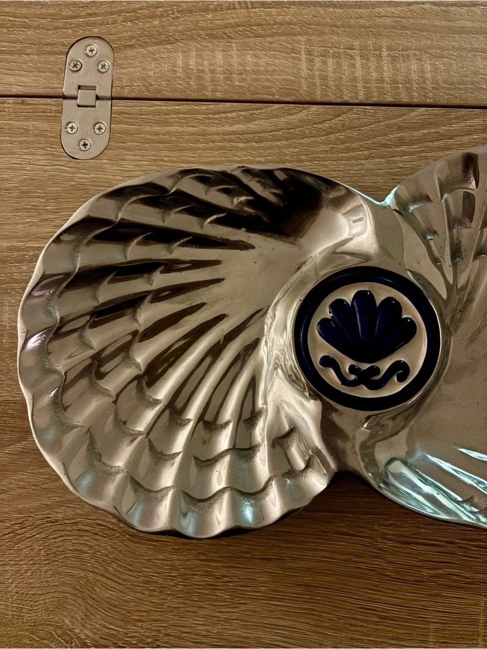 Silver Vintage Double Shell Divided Serving Dish - Blue & White Medallion - 14in